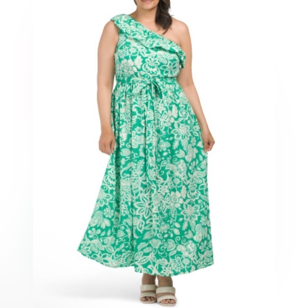 NWT Maison Tara One Shoulder Sleeveless Crepe Floral Maxi Dress Green Size 18W